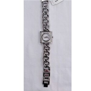 Michael Kors Silver Tone Crystal Pave Square Dial Link Bracelet Watch MK4718